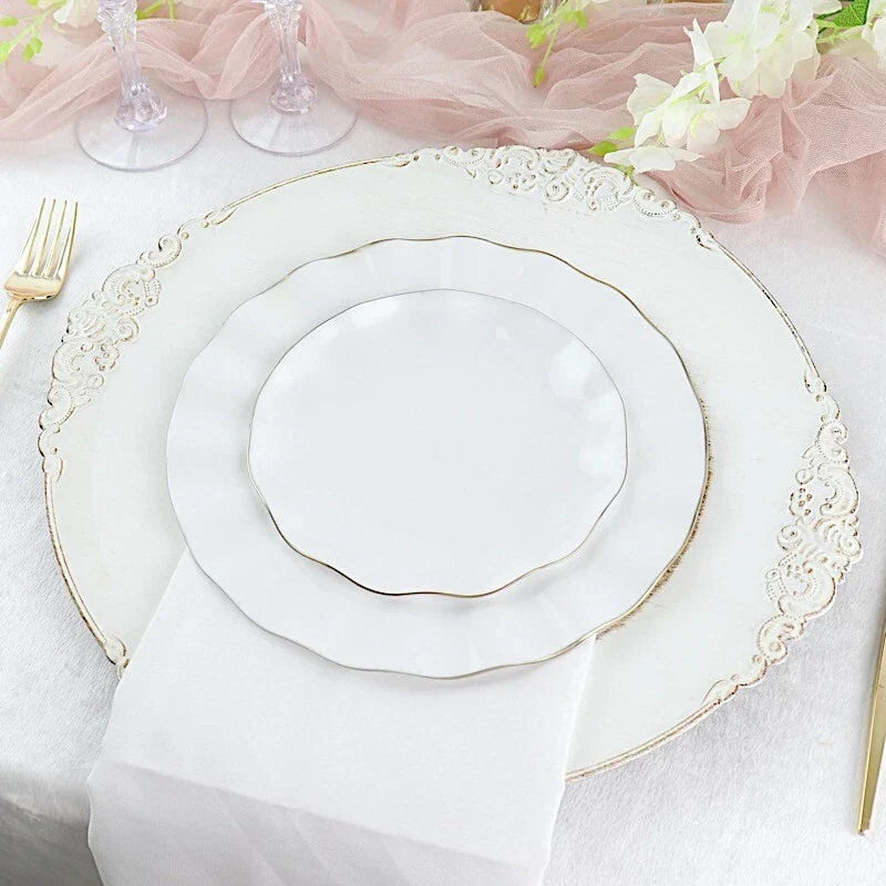 Round Plastic Salad Dinner Plates Gold Wavy Rim Party Disposable Tableware
